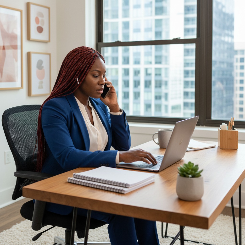 Woman with glasses talks on phone in a modern office.
